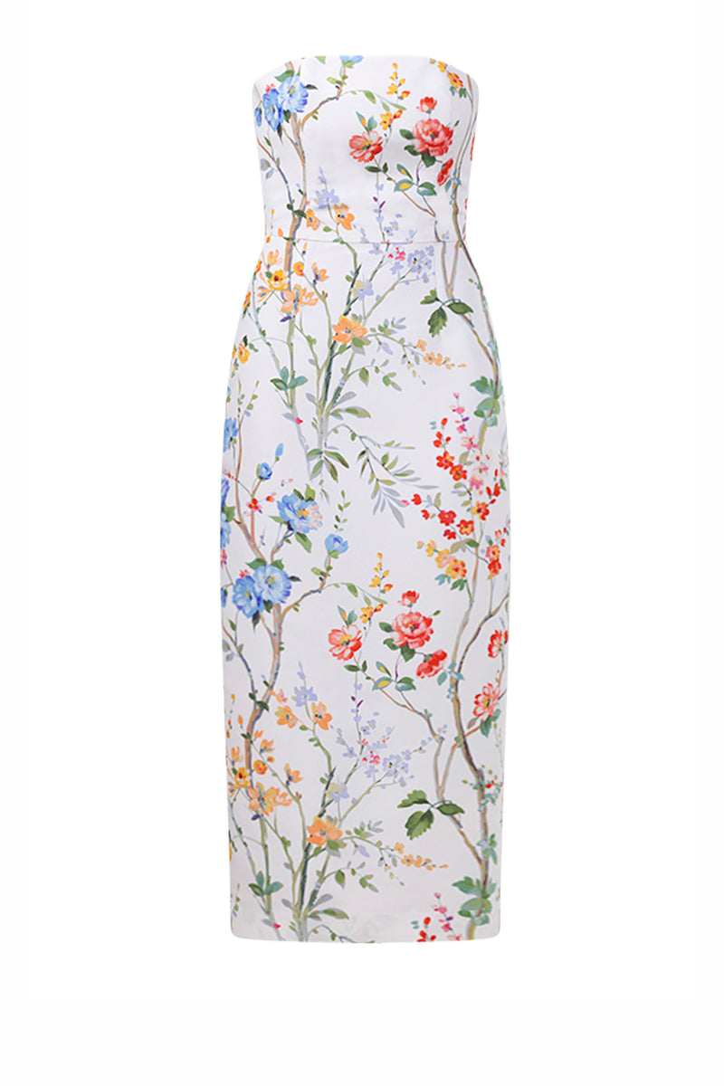 Elizabeth Garden Reverie Silk Faille Midi Dress in White Floral