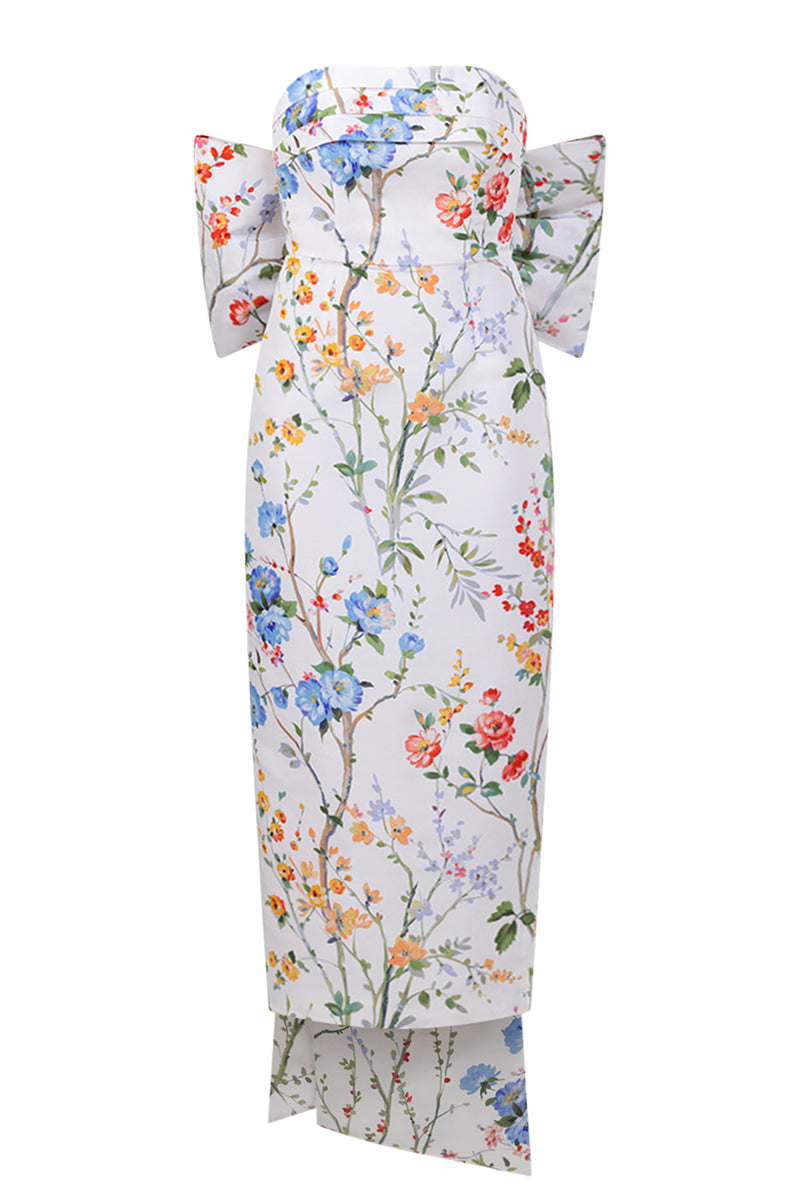Margaret Garden Reverie Silk Faille Midi Dress in White Floral